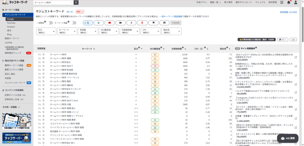 ラッコキーワードを使ったサジェストキーワードの検索結果